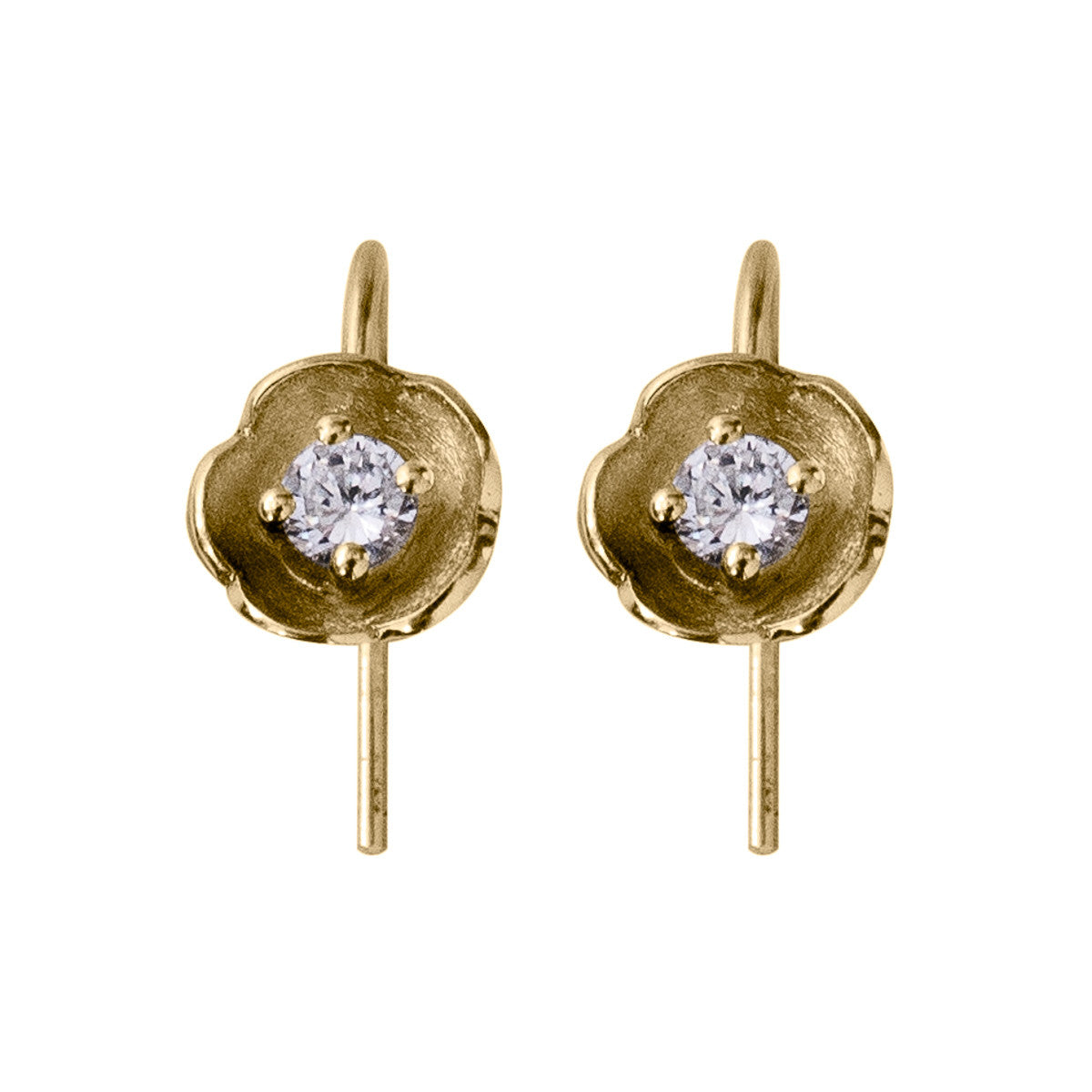 five petal gold flower earrings set with diamond on ear hook